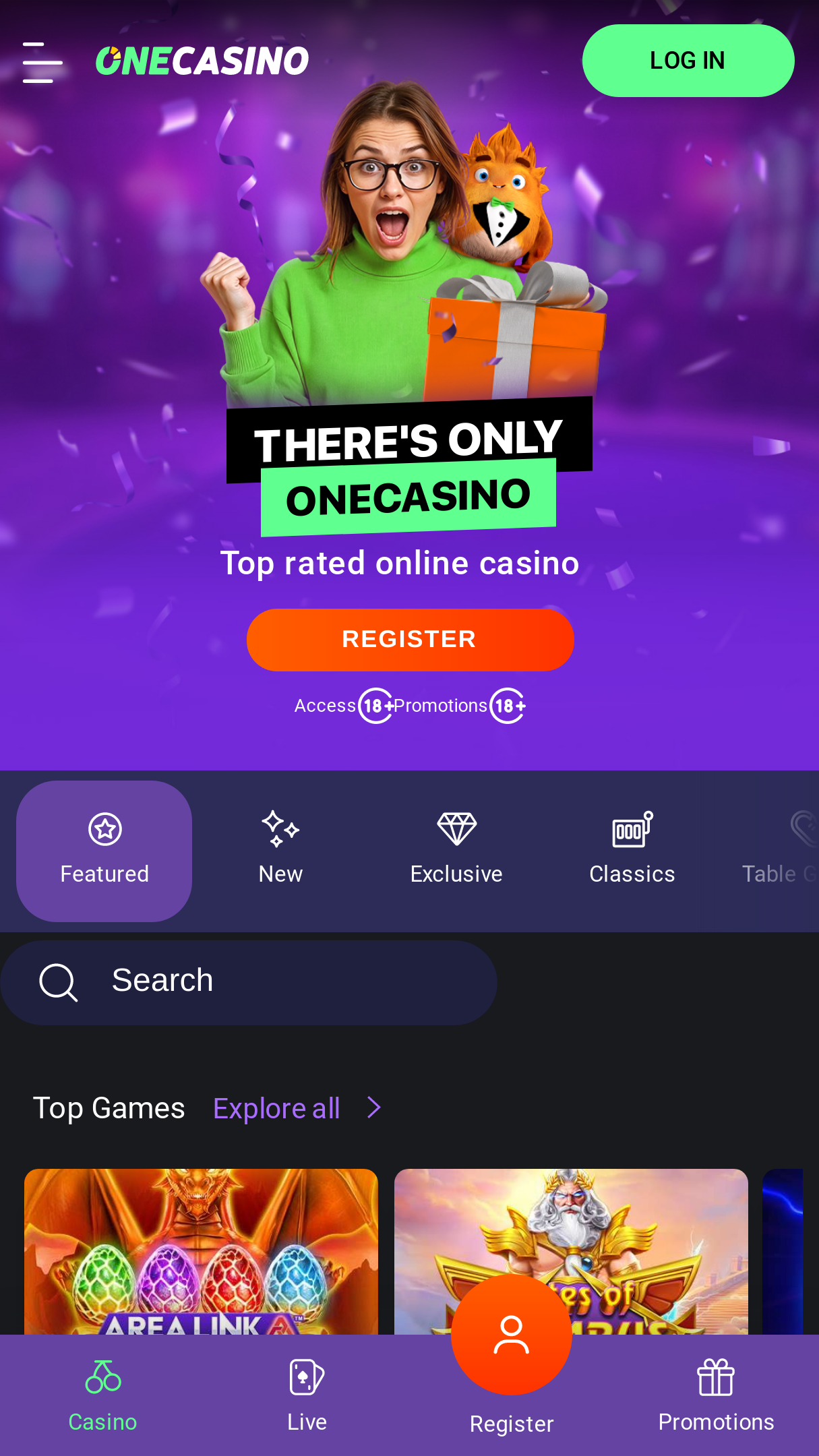 Captura de pantalla del lobby de One Casino