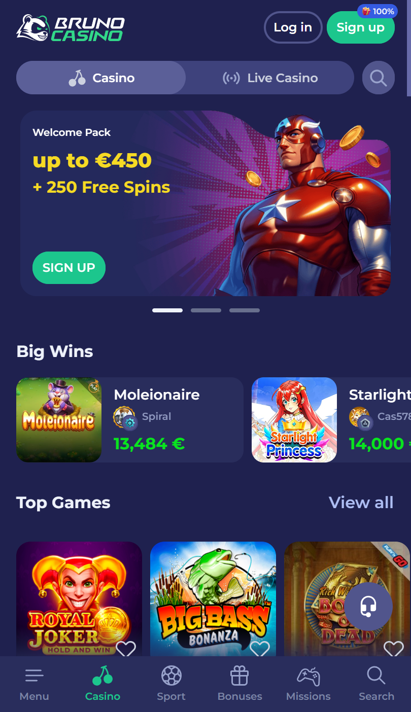 Screenshot der Bruno Casino App Oberfläche auf einem Smartphone