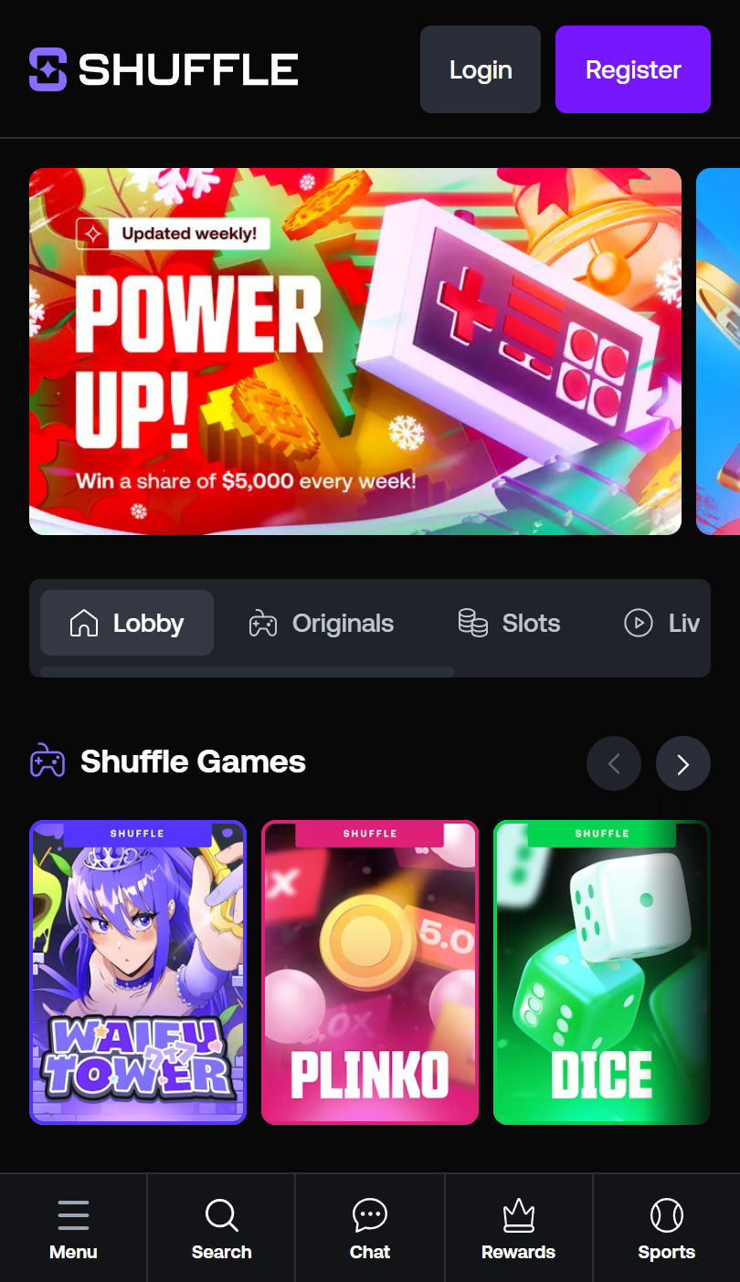 Shuffle Casino mobil alkalmazás képernyőképe