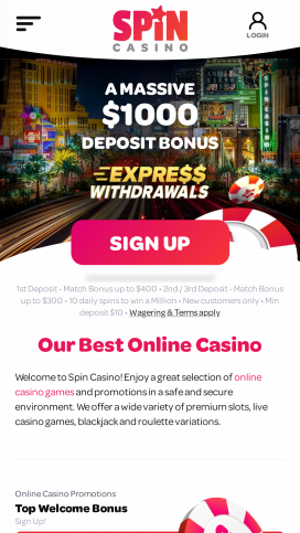 Spin Casino App Homepage